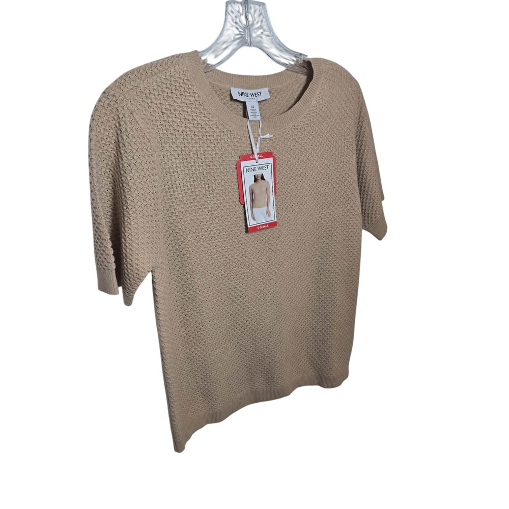 Nine West Jeans Womens Tan Beige Textured Knit Short Sleeve Sweater Top XS NWT
